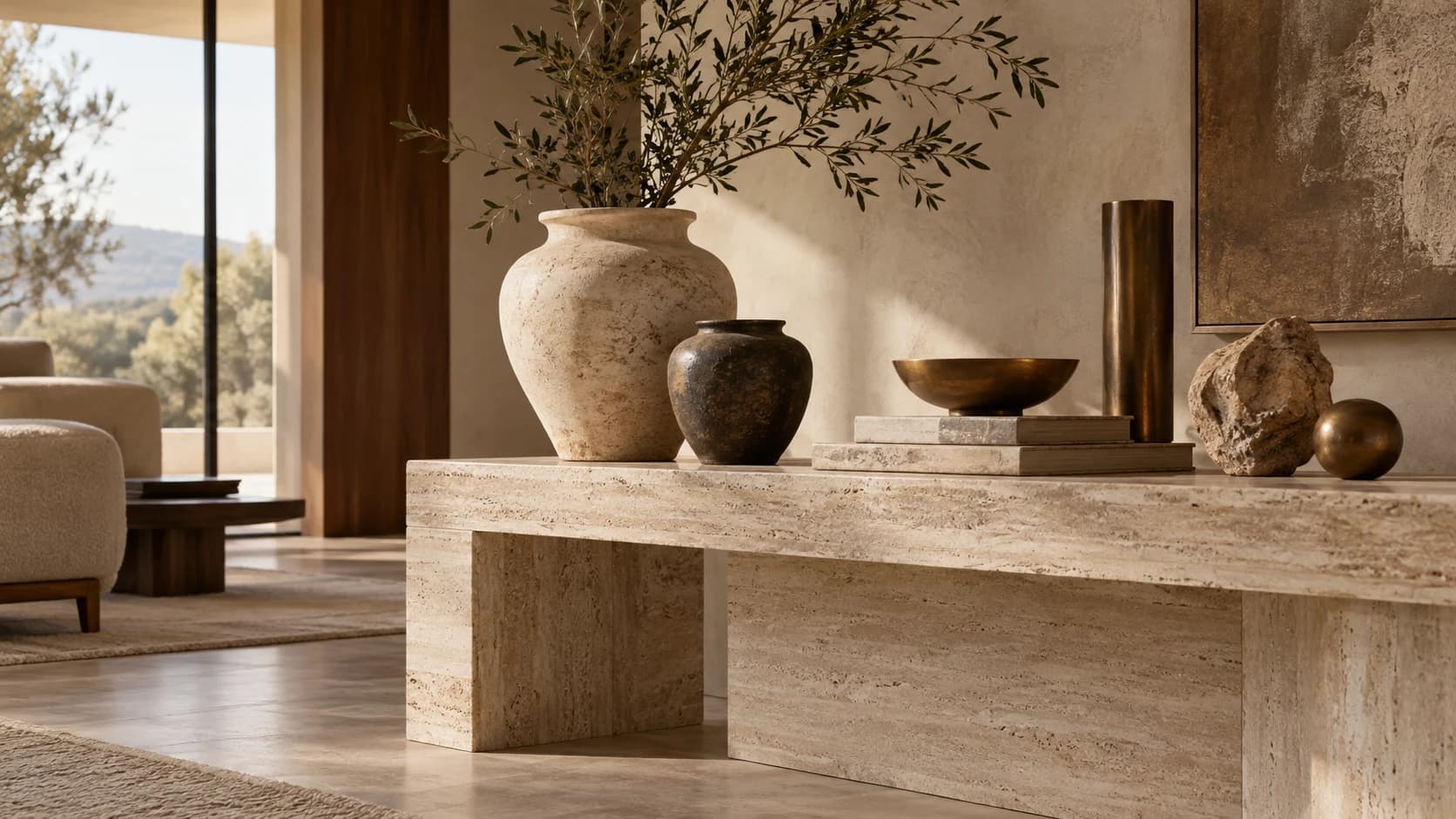 Curated sculptural accessories in warm natural materials