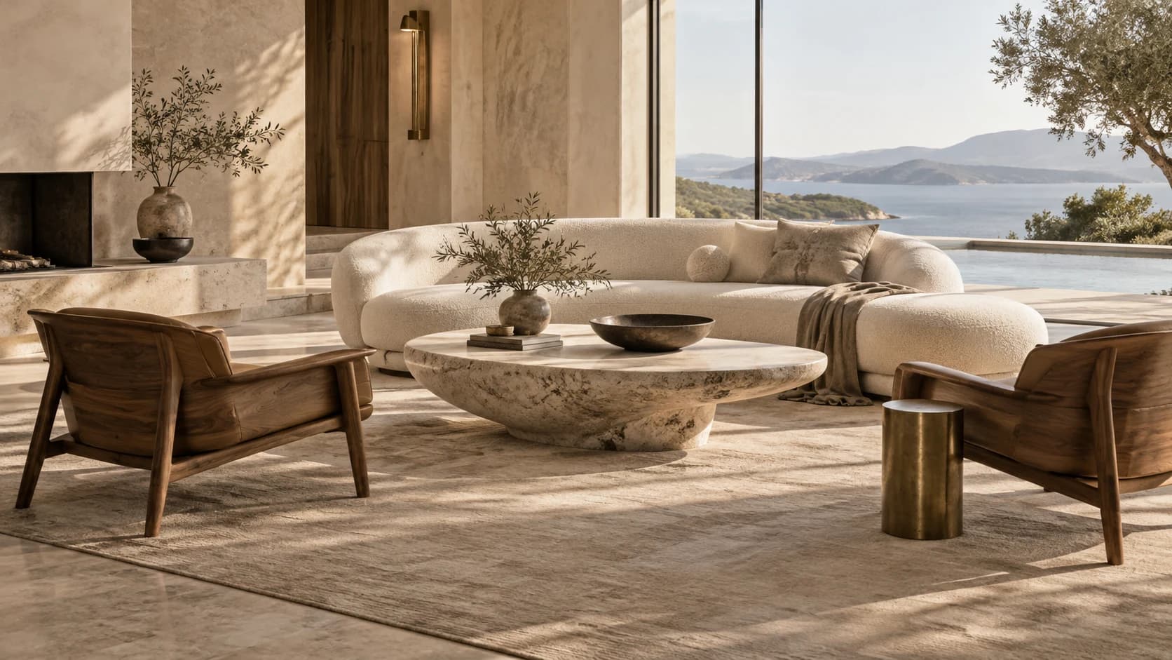 Refined contemporary furniture in an ivory and walnut interior
